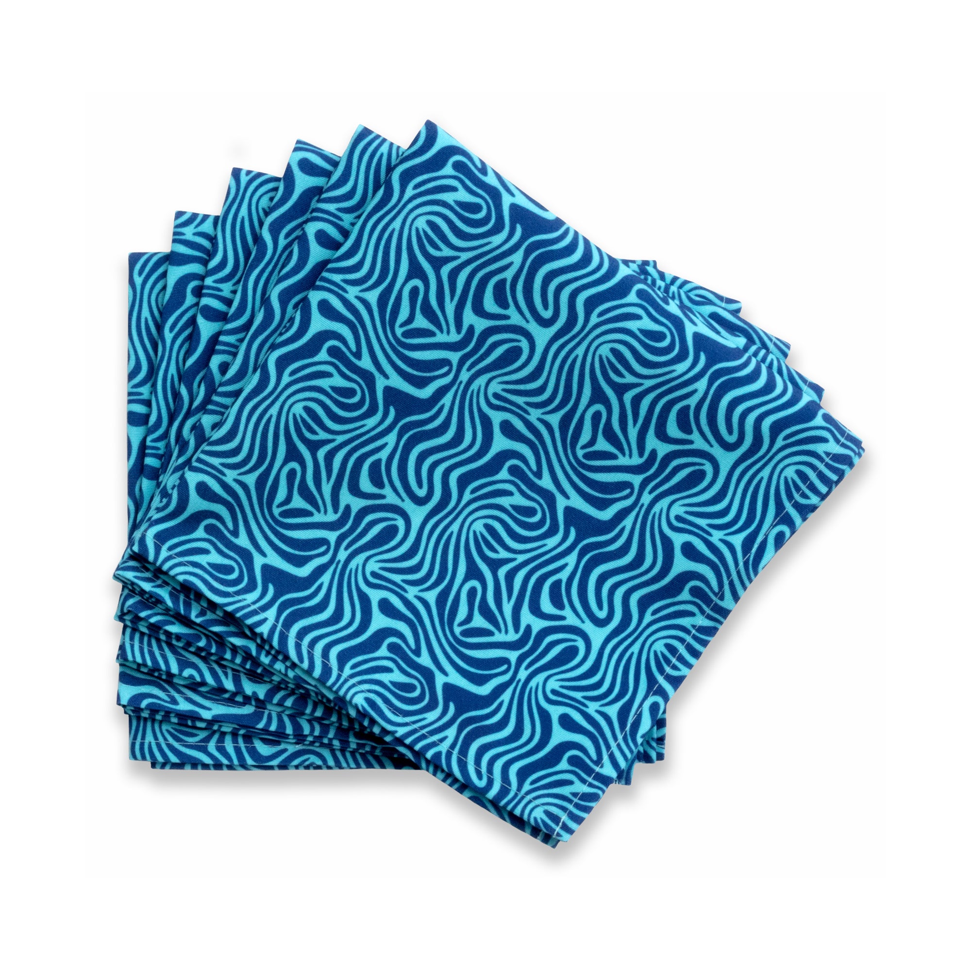 Bright patterned cloth napkin with quarter-inch hem. Base color is sky blue with amorphous layers of royal blue. The back is the base color with small, discreet dark grey logo on bottom left-hand side. View: 6 napkins folded into quarters and fanned out, with pattern side exposed.