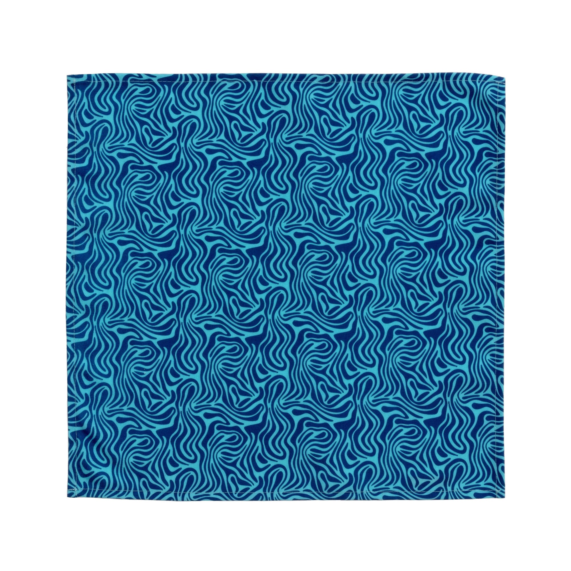 Bright patterned cloth napkin with quarter-inch hem. Base color is sky blue with amorphous layers of royal blue. The back is the base color with small, discreet dark grey logo on bottom left-hand side. View: 1 napkin laid flat, with pattern side exposed.