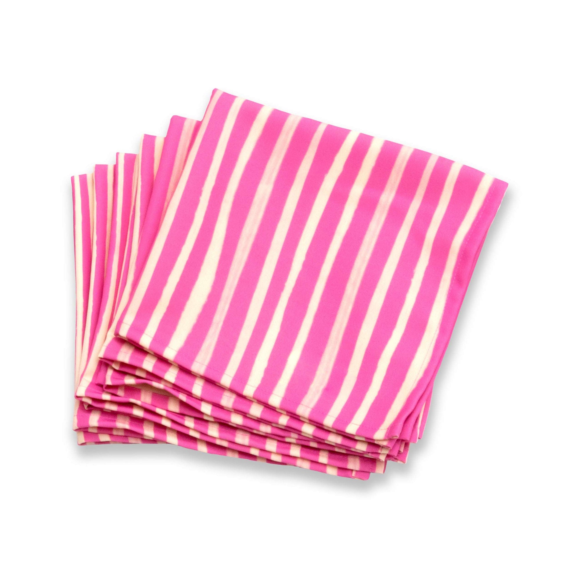 Bright cloth napkin with a pattern of painterly stripes, with quarter-inch hem. Base color is bright magenta, with alternating stripe of cream. The back is the solid base color with small, discreet dark grey logo on bottom left-hand side.  View: 6 napkins, folded in quarters and fanned out, with pattern side exposed.