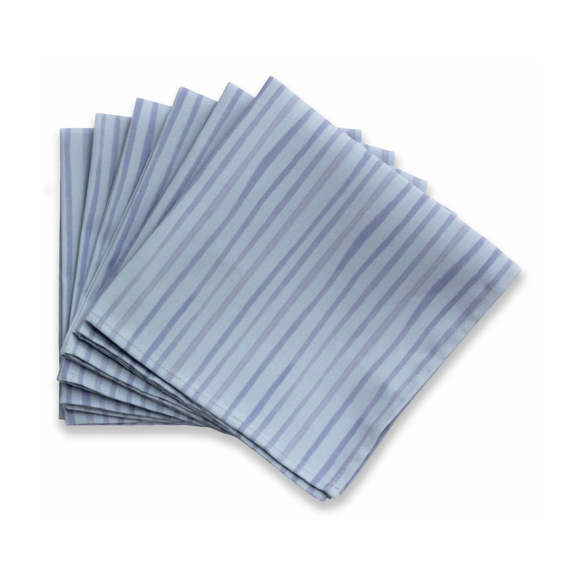 Bright cloth napkin with a pattern of painterly stripes, with quarter-inch hem. Base color is cornflower blue, with alternating stripe of concord purple. The back is the solid base color with small, discreet dark grey logo on bottom left-hand side.  View: 6 napkins folded into quarters and fanned out, with pattern side exposed.