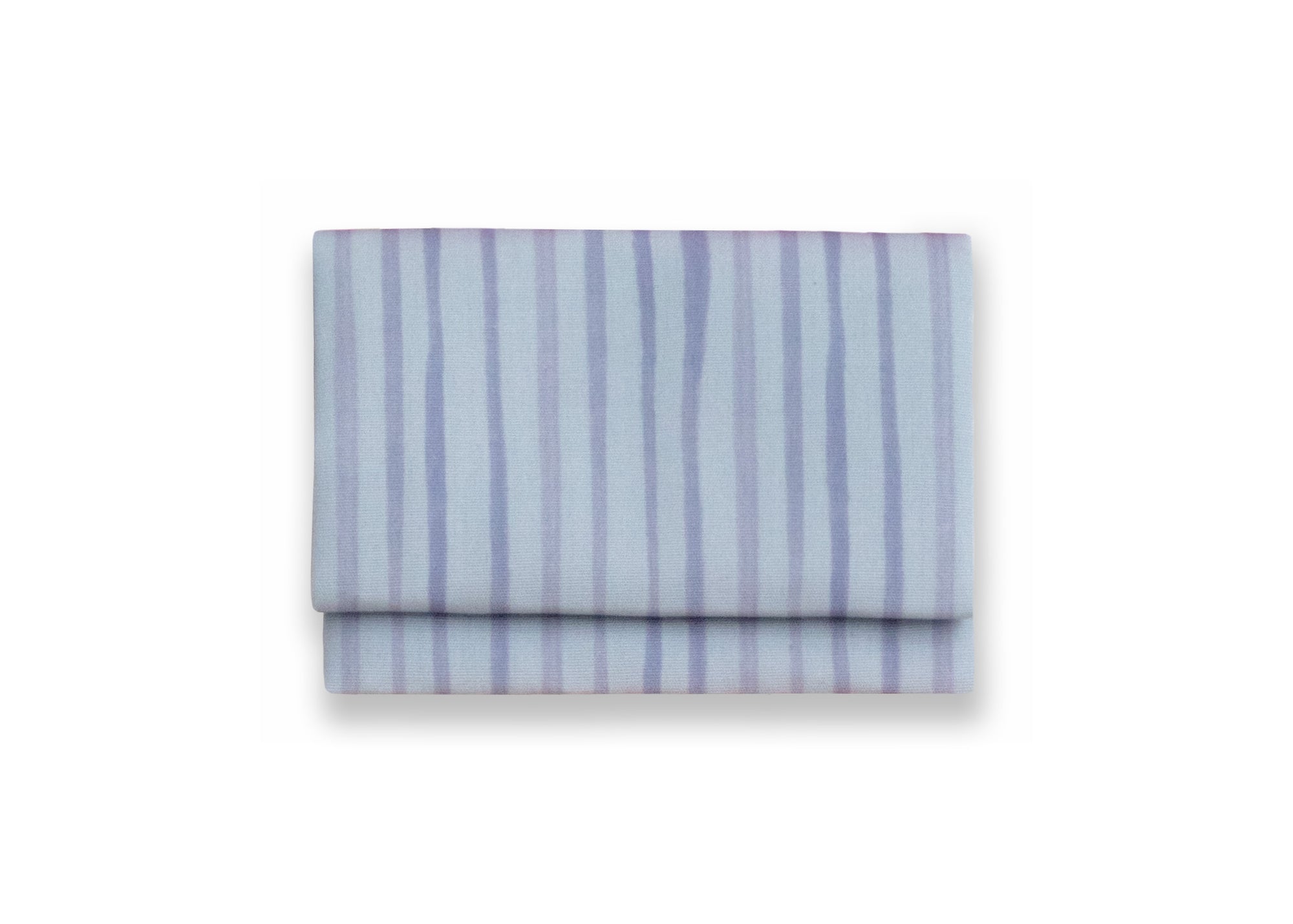 Bright cloth napkin with a pattern of painterly stripes, with quarter-inch hem. Base color is cornflower blue, with alternating stripe of concord purple. The back is the solid base color with small, discreet dark grey logo on bottom left-hand side. View: 1 napkin folded into a rectangular shape for a table setting, with pattern side exposed.