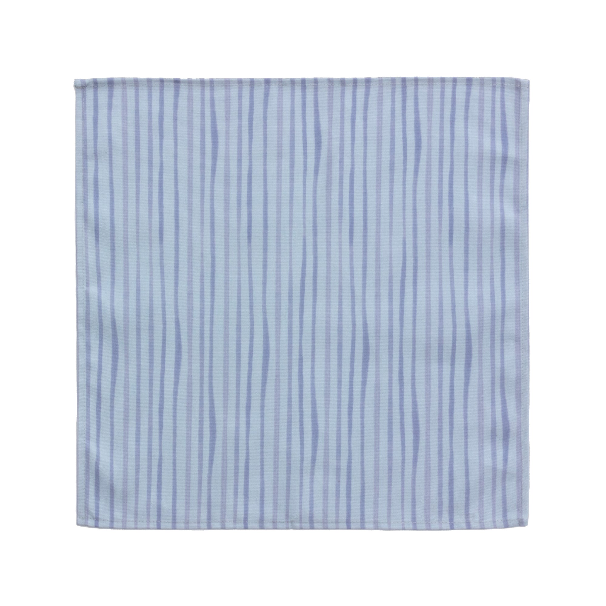 Bright cloth napkin with a pattern of painterly stripes, with quarter-inch hem. Base color is cornflower blue, with alternating stripe of concord purple. The back is the solid base color with small, discreet dark grey logo on bottom left-hand side. View: 1 napkin, laid flat with pattern side exposed.