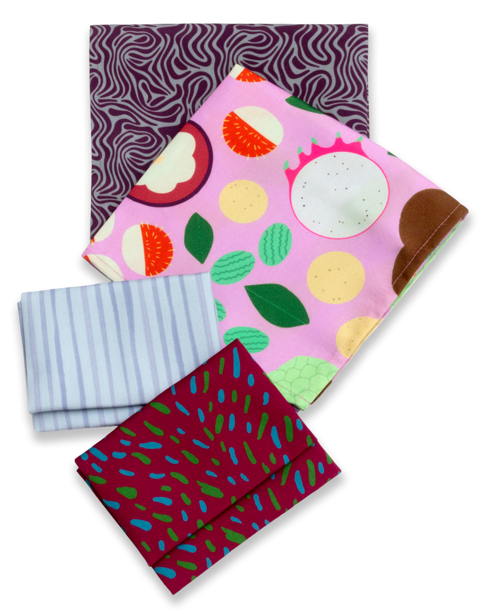 Four different cloth napkins arranged in a vertical collage. Patterns included, from top down, are: Eggplant Babka, Fruit Party, Grapey Noodles and Beet Risotto. Detailed descriptors of patterns and colors can be found in their respective product pages. 