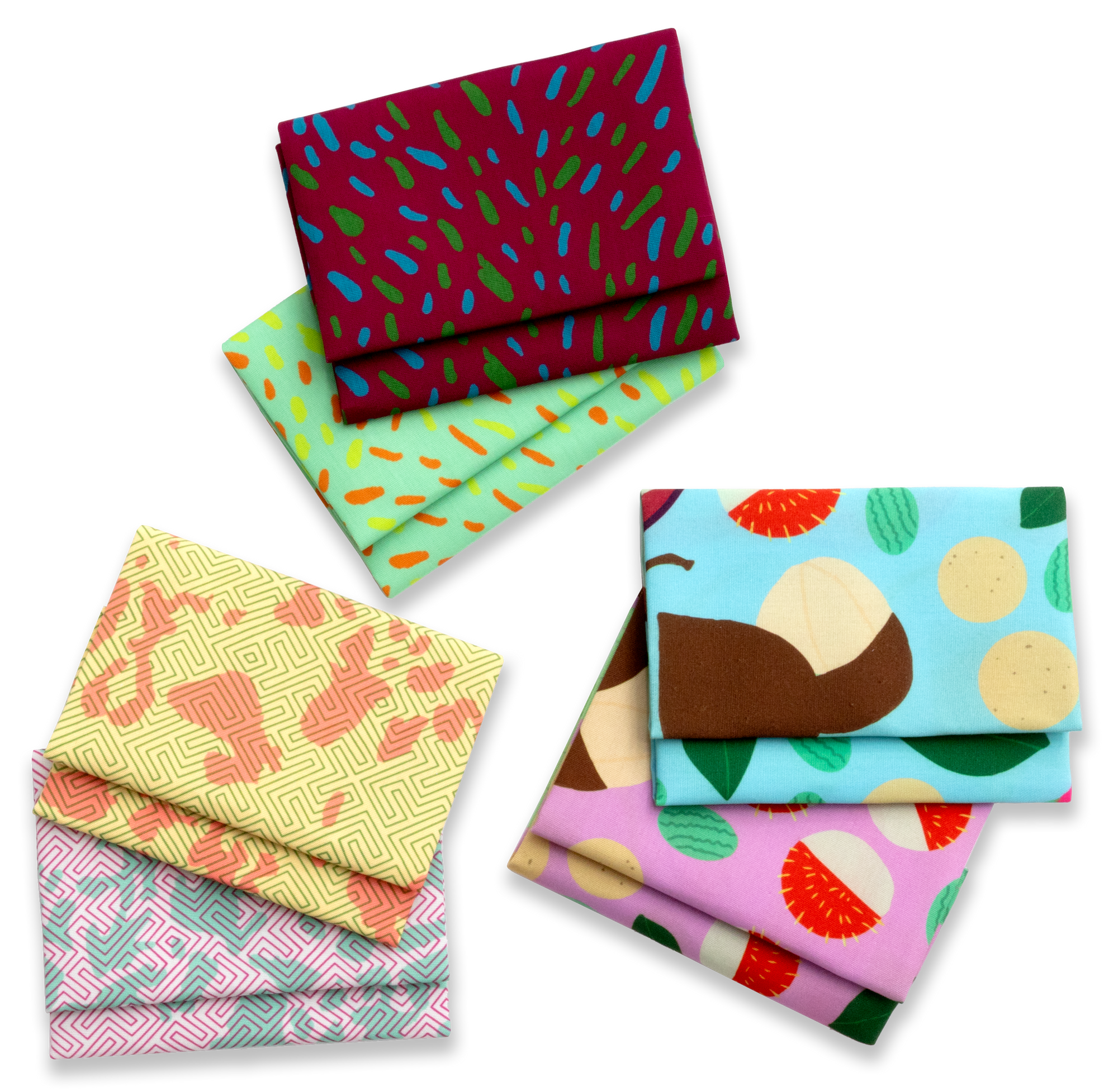 6 napkins folded into a rectangular shape as for a table setting, and arranged in a triangular collage. Patterns represented, clockwise from top, are: Beet Risotto, Cale Risotto, Fruit Party Pool, Fruit Party, Microchip Sorbet and Microchip Pizza. Detailed descriptors of patterns and colors can be found in their respective product pages.