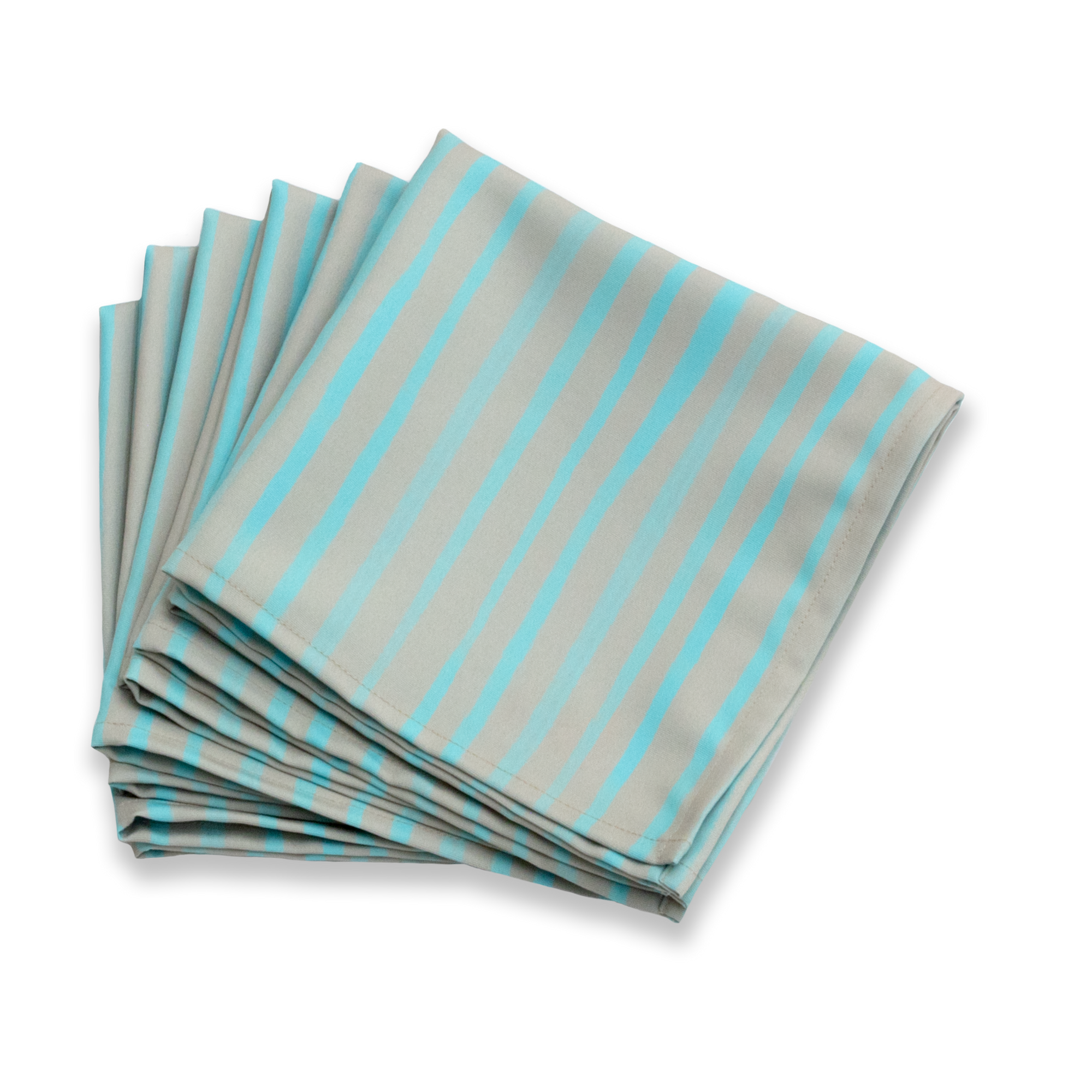 Bright cloth napkin with a pattern of painterly stripes, with quarter-inch hem. Base color is granite grey, with alternating stripe of pastel aquamarine. The back is pastel aquamarine with small, discreet dark grey logo on bottom left-hand side. View: 6 napkins folded into quarters and fanned out, with pattern side exposed.