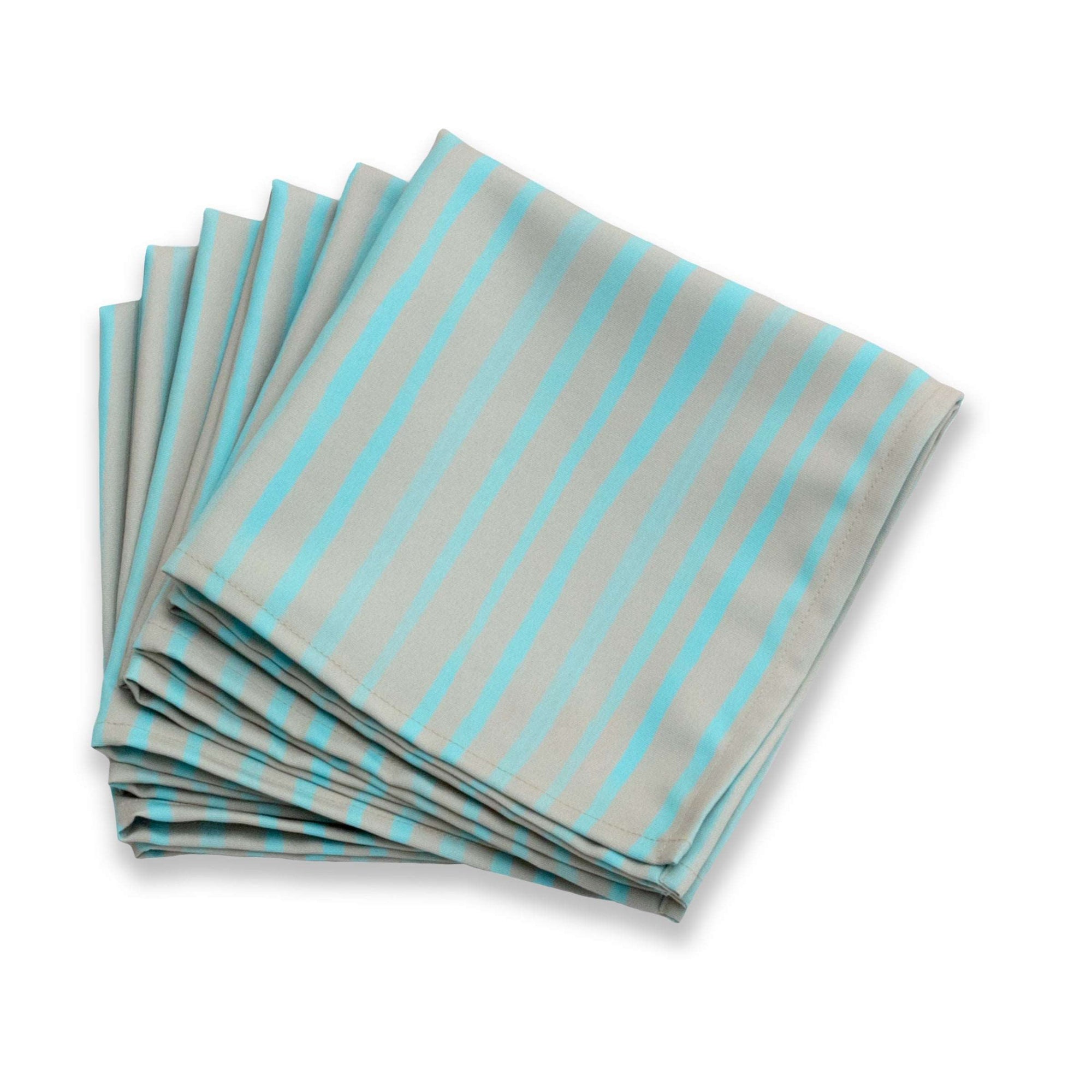 Bright cloth napkin with a pattern of painterly stripes, with quarter-inch hem. Base color is granite grey, with alternating stripe of pastel aquamarine. The back is pastel aquamarine with small, discreet dark grey logo on bottom left-hand side. View: 6 napkins folded into quarters and fanned out, with pattern side exposed.