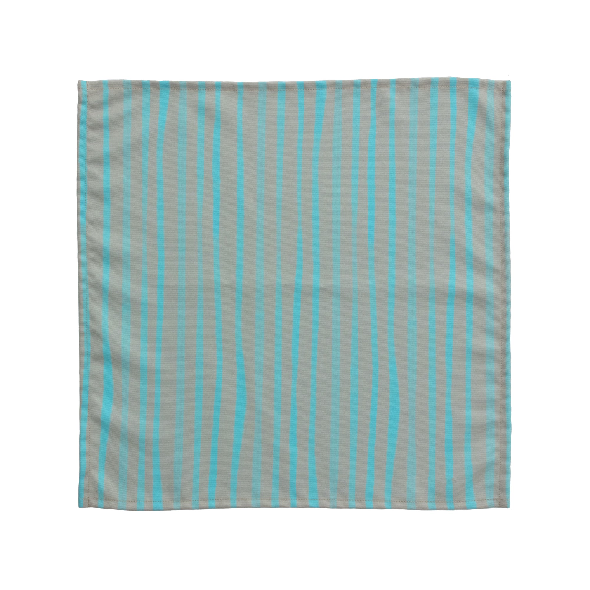 Bright cloth napkin with a pattern of painterly stripes, with quarter-inch hem. Base color is granite grey, with alternating stripe of pastel aquamarine. The back is pastel aquamarine with small, discreet dark grey logo on bottom left-hand side. View: 1 napkin laid flat, with pattern side exposed.