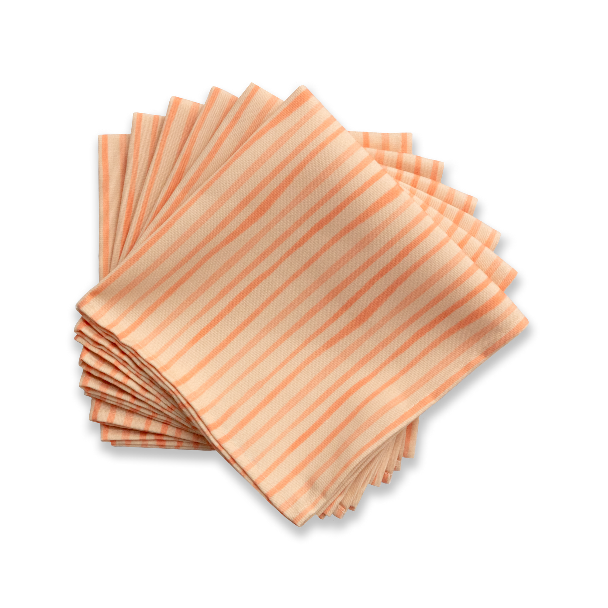 Bright cloth napkin with a pattern of painterly stripes, with quarter-inch hem. Base color is pale apricot with alternating stripe of peach. The back is the base color with small, discreet dark grey logo on bottom left-hand side. View: 6 napkins, folded into quarters and fanned out, with pattern side exposed.