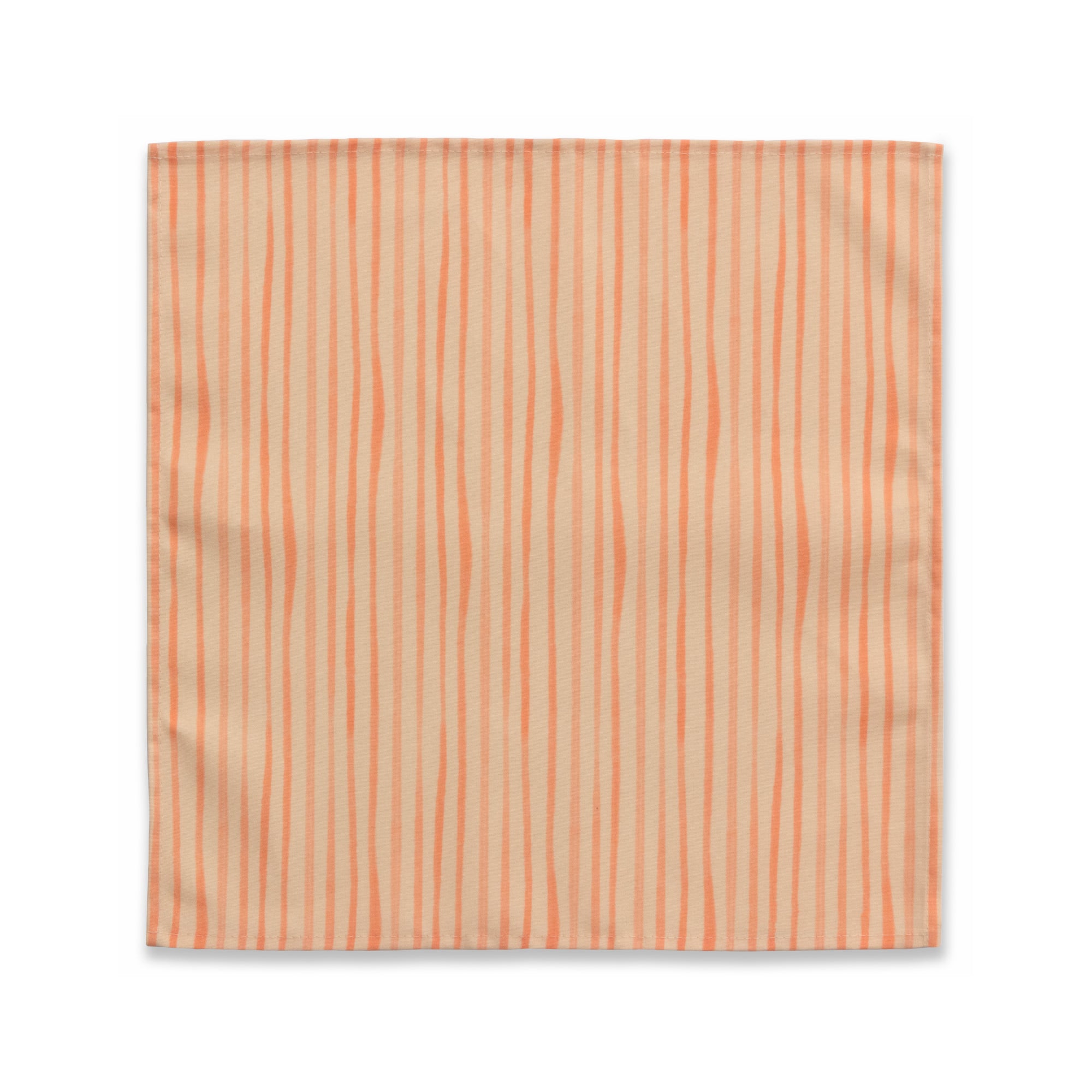 Bright cloth napkin with a pattern of painterly stripes, with quarter-inch hem. Base color is pale apricot with alternating stripe of peach. The back is the base color with small, discreet dark grey logo on bottom left-hand side. View: 1 napkin laid flat, with pattern side exposed.