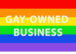 A rectangle rainbow flag icon with the words "gay-owned business" overlaid.